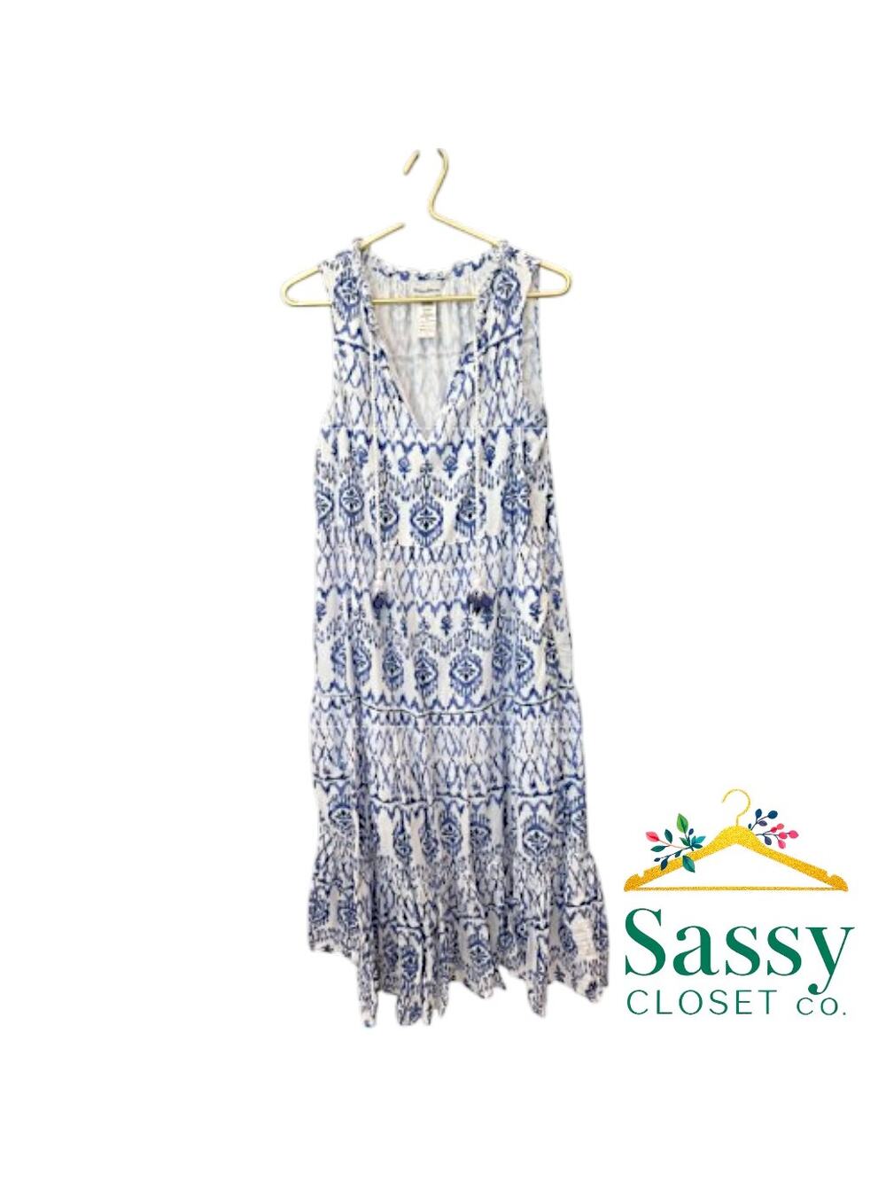 ✨ TOMMY BAHAMA White Blue Geometric Cotton Midi Dress M 🌊